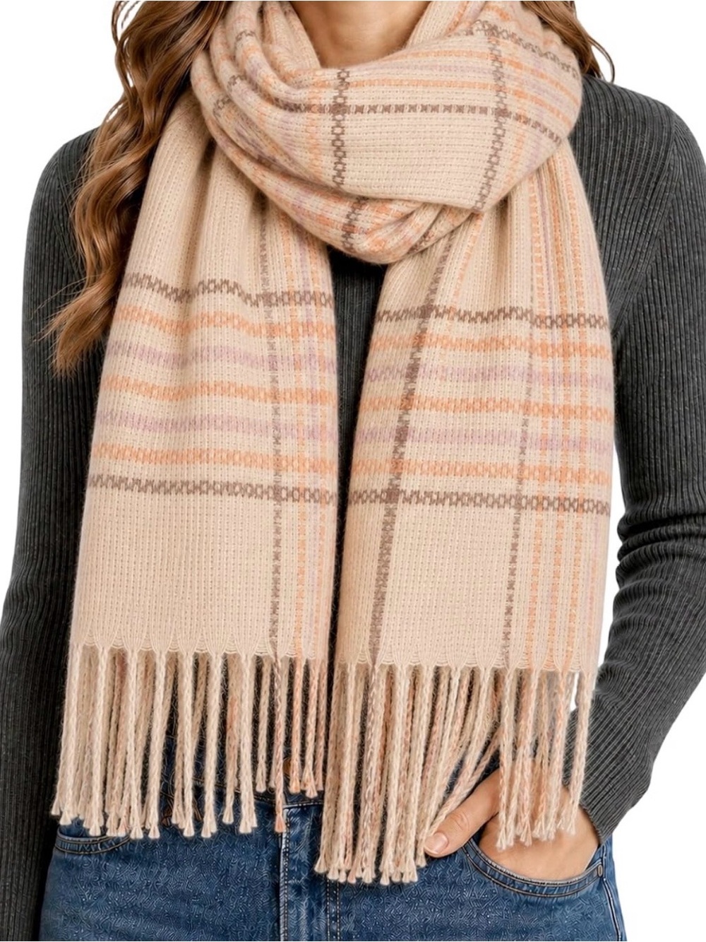 Soft Plaid Fringe Scarf in Blush Pink NWOT